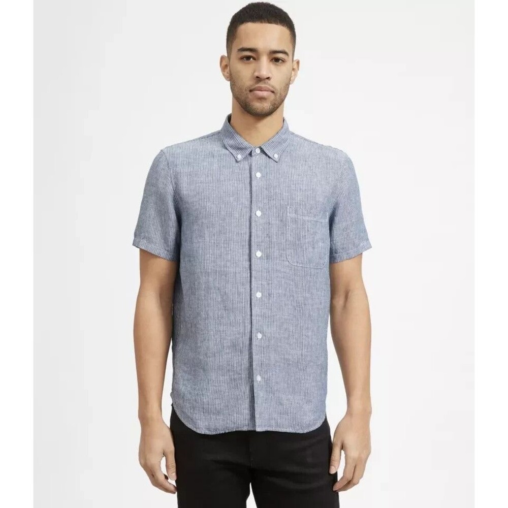 Everlane Button Shirt Mens M Linen Short Sleeve Standard Fit Shirt Pinstriped